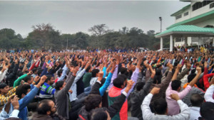 (over 3000 HMSI workers along with workers from hundreds of other factories in solidarity gather in Gurgaon on 19th February to march to the Honda HQ) 